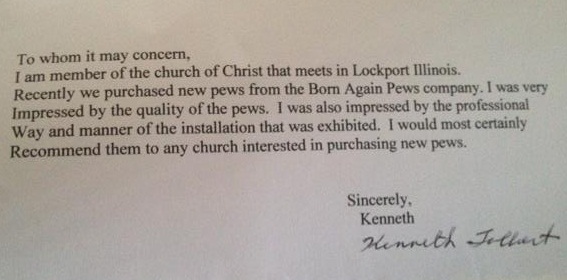 testimonial for Born Again Pews